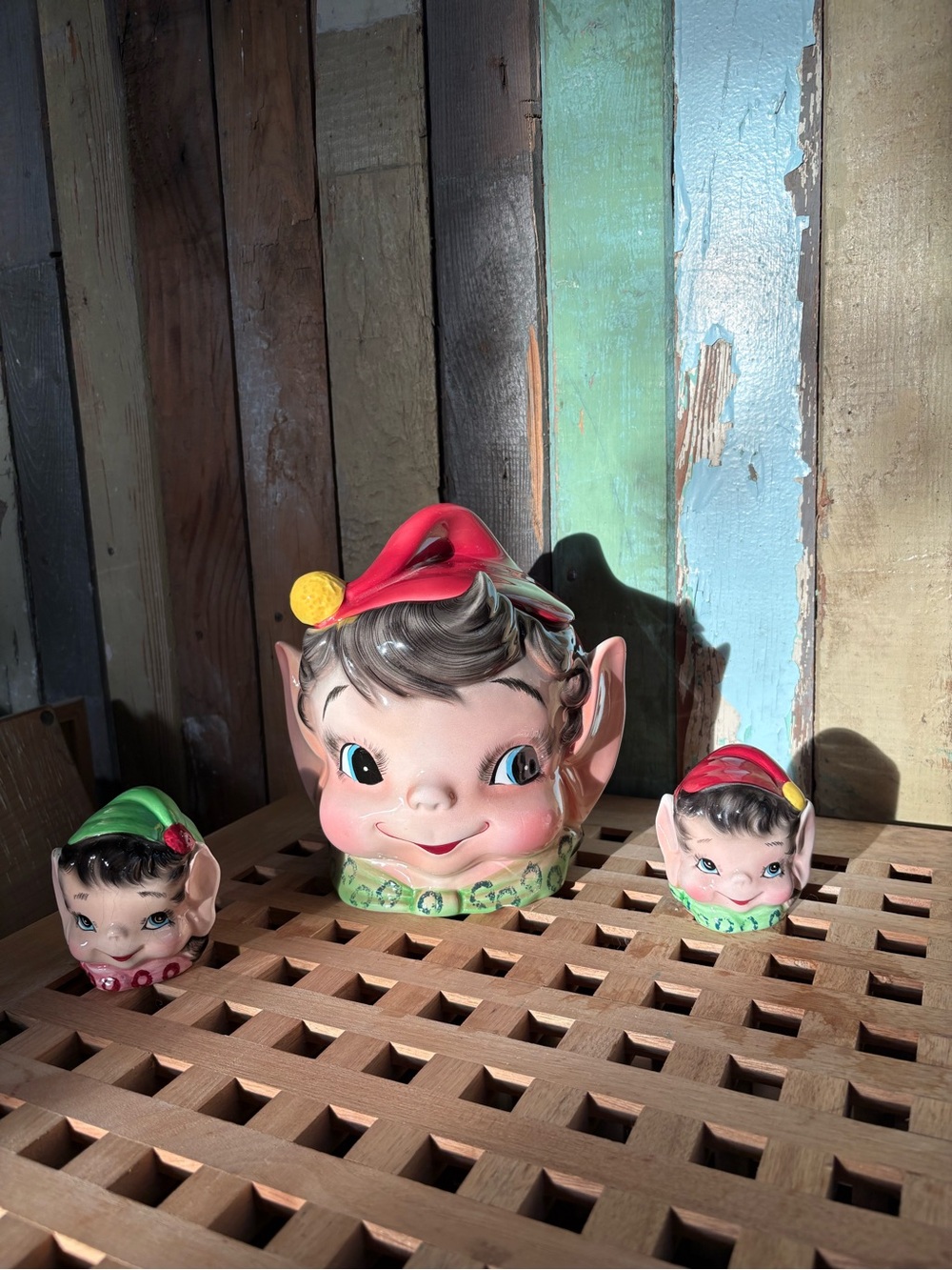 Vintage Lefton Elves Pixie Cookie Jar & Salt Pepper shakers decor Christmas elf
